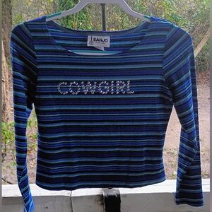 NWT Vintage BANJO Striped Cropped Long Sleeve Top